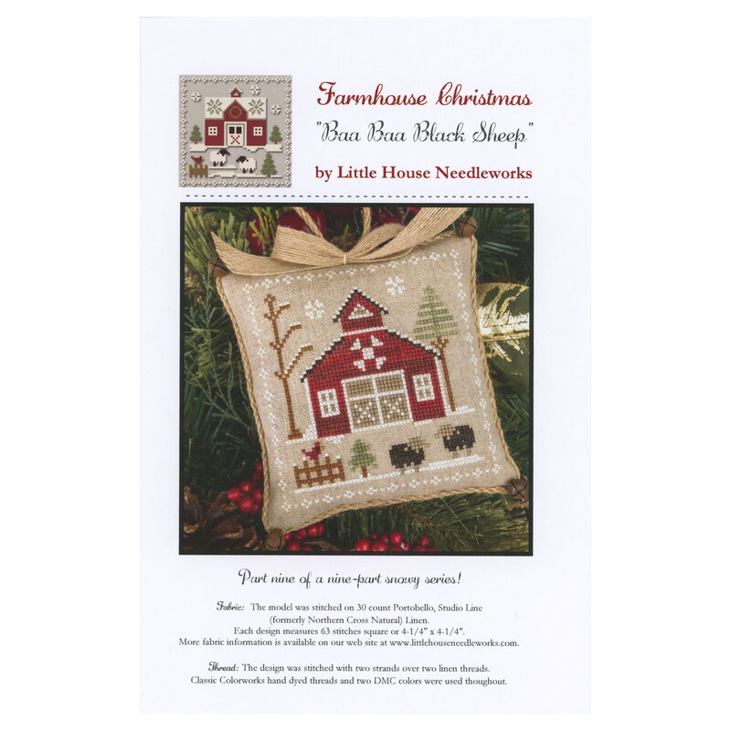 Front of pattern showing the completed small cross stitch ornament staged on the branch of a Christmas tree