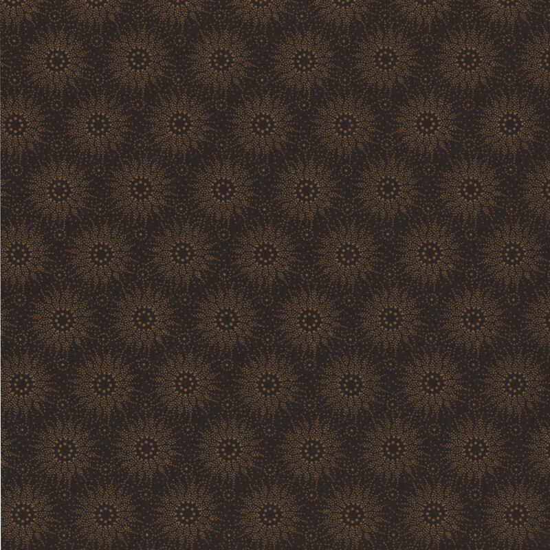 Black fabric with bohemian style sun bursts evenly spaced throughout