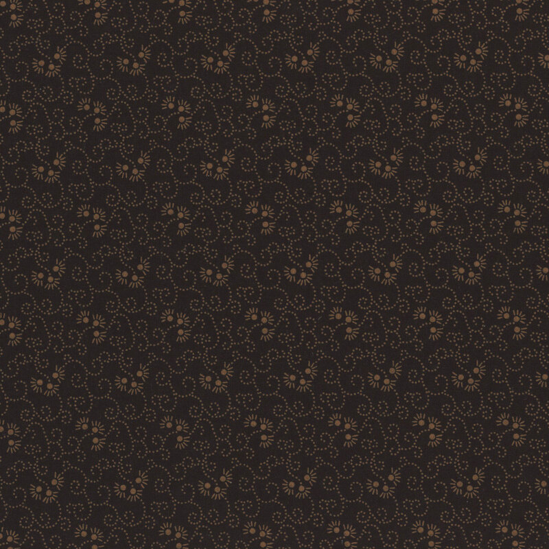 Black fabric with small brown swirling pin dot vines and florals throughout