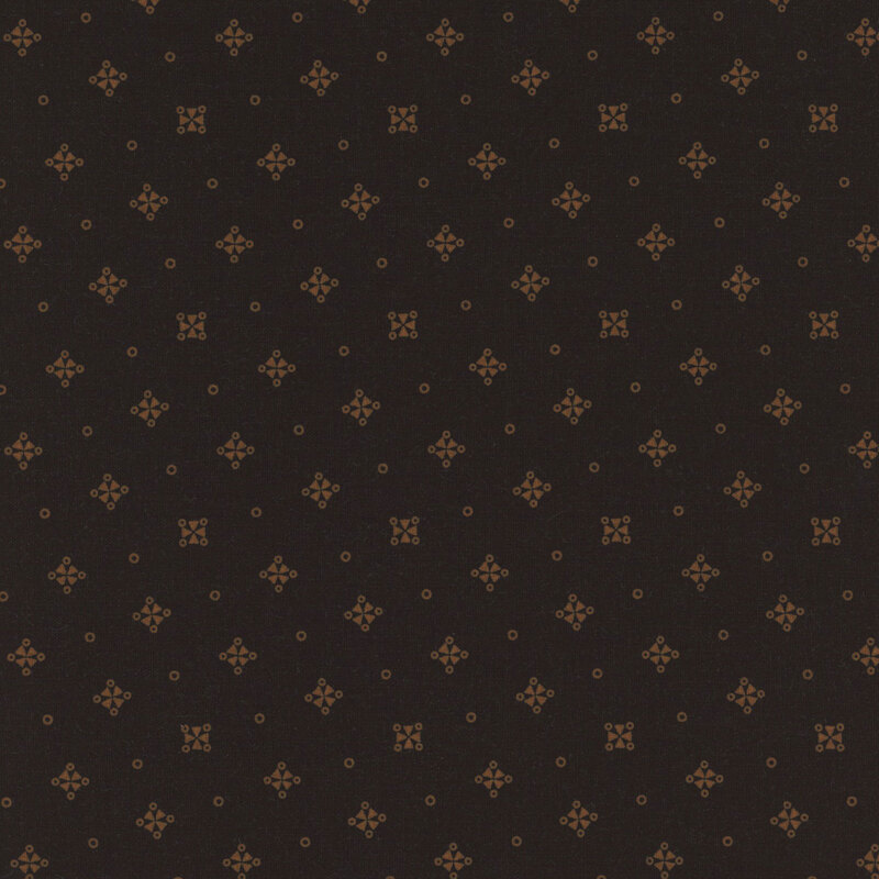 Black fabric with small, brown, evenly spaced geometric shapes throughout