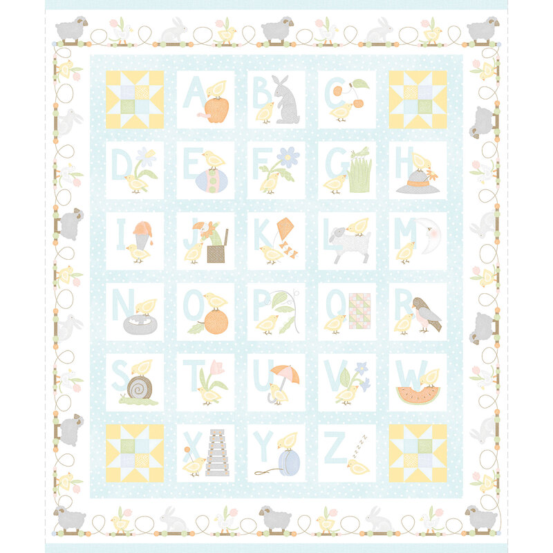 Panel featuring the alphabet with corresponding images for each letter in soft pastel tones