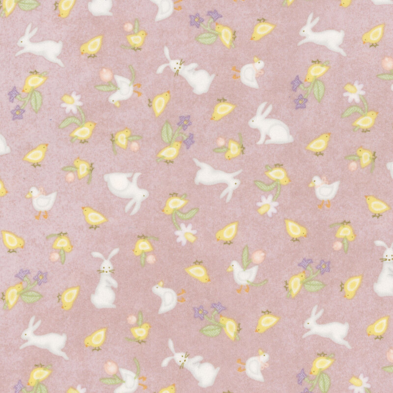 soft pastel purple fabric featuring bunnies, with baby chicks and ducks holding flowers.