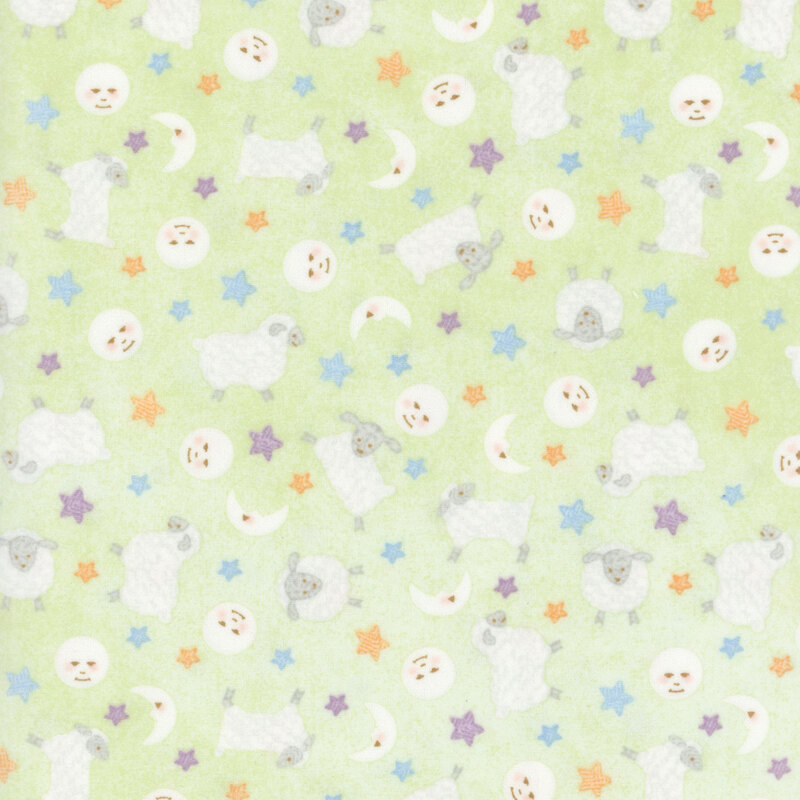 soft pastel green fabric featuring little lambs, stars, and moons.