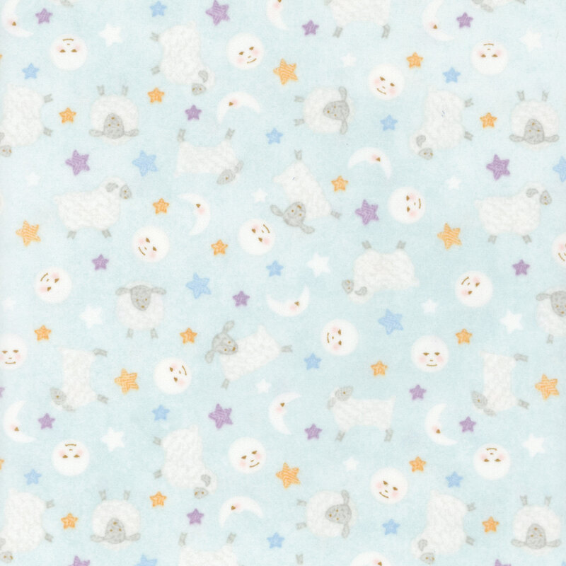 soft pastel aqua fabric featuring little lambs, stars, and moons.