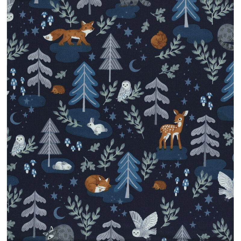 Dark blue fabric featuring a forest with wildlife animals