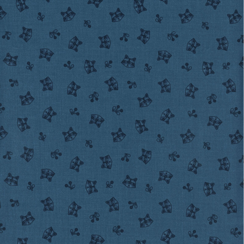 blue fabric featuring tossed raccoon heads and sprigs