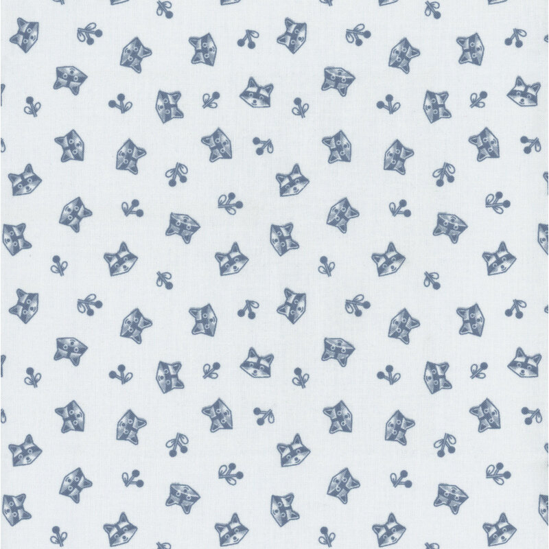 ice blue fabric featuring tossed raccoon heads and sprigs