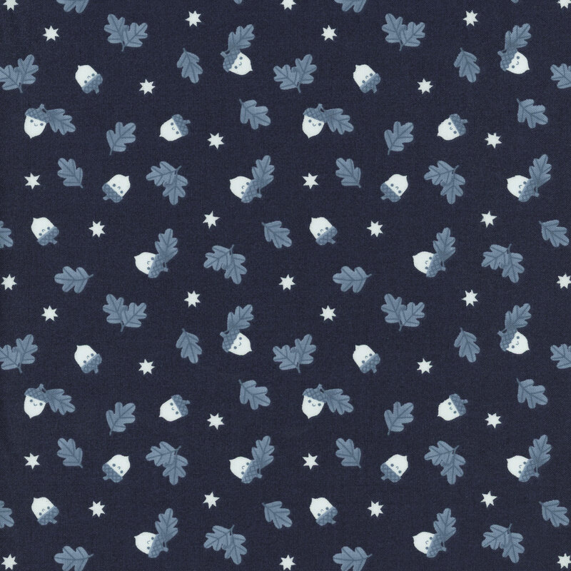 dark blue fabric featuring tossed acorns, leaves and stars