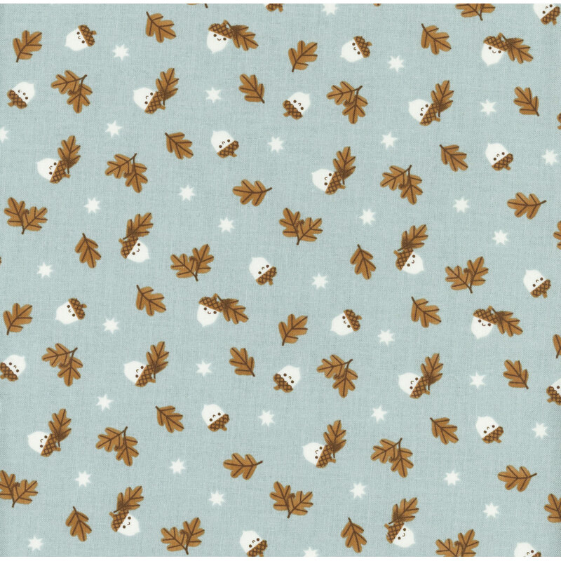 light aqua fabric featuring tossed acorns, leaves and stars