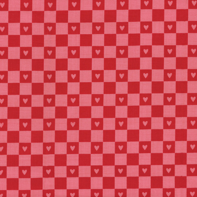 Red and pink checkered print with small pink hearts throughout