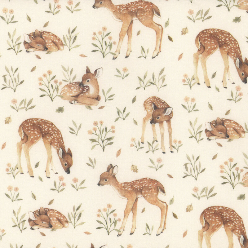 Patterned fabric featuring playful fawns among soft green grasses and small flowers on a cream background.