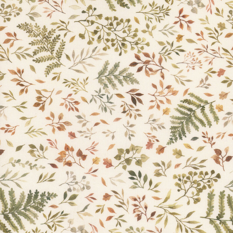 Light cream fabric with a variety of green and tan sprigs all over