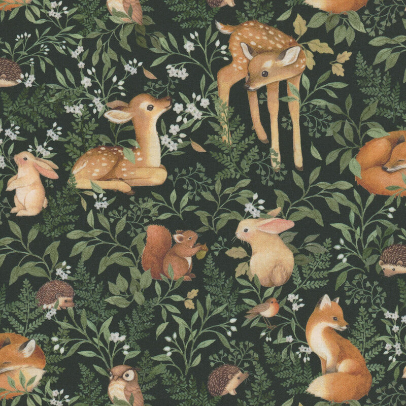 Deep forest green fabric with scenes of baby deer, bunnies, squirrels, and foxed nestled in between vines and florals