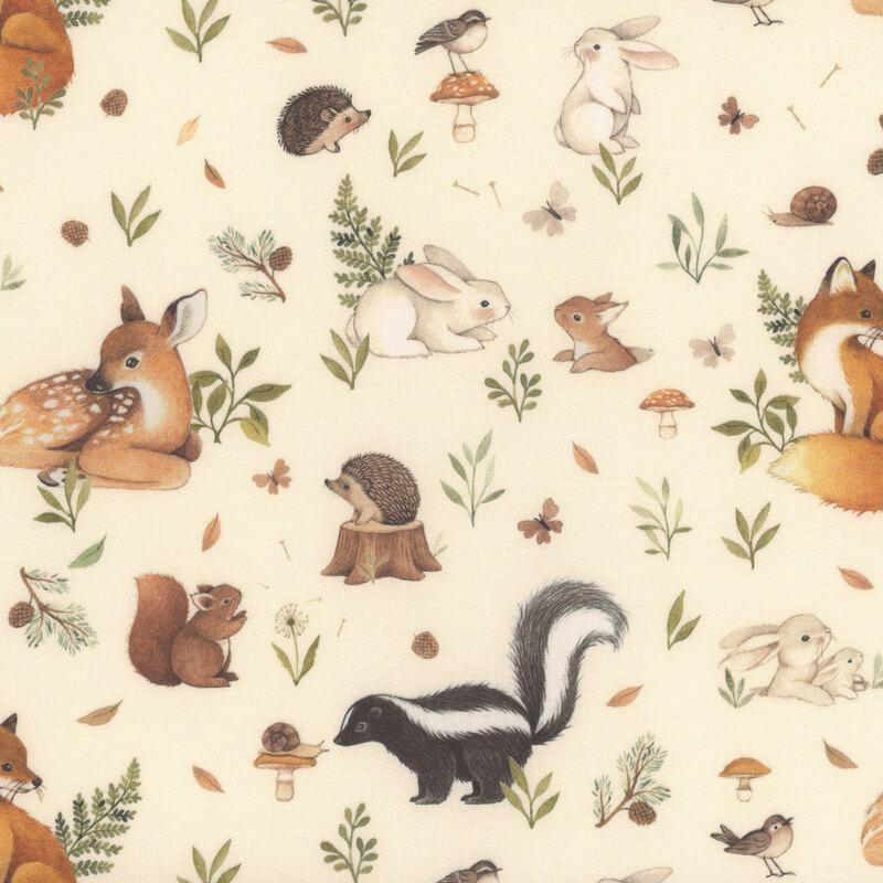 Light cream fabric with scenes of baby deer, hedgehogs, bunnies, birds, foxes, and skunks with small tossed sprigs throughout