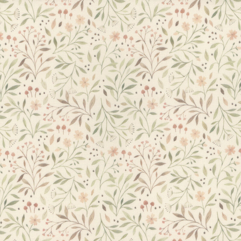 Light cream fabric with green and tan sprigs throughout