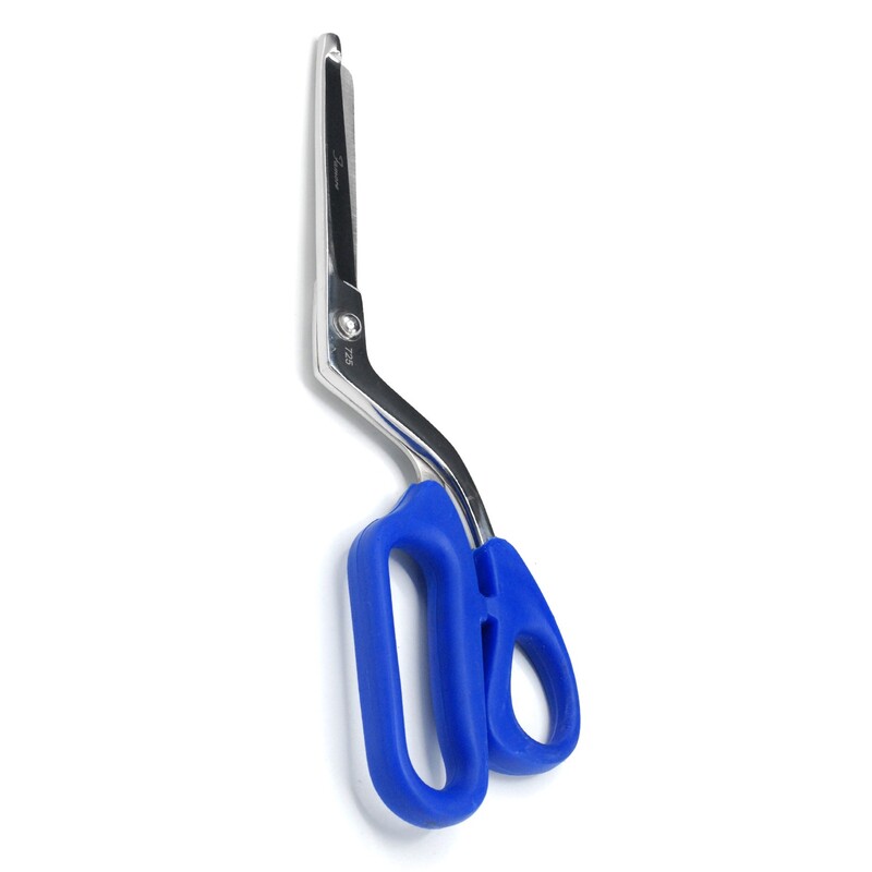 A pair of shears with a curved blade and blue plastic handles on a white background.