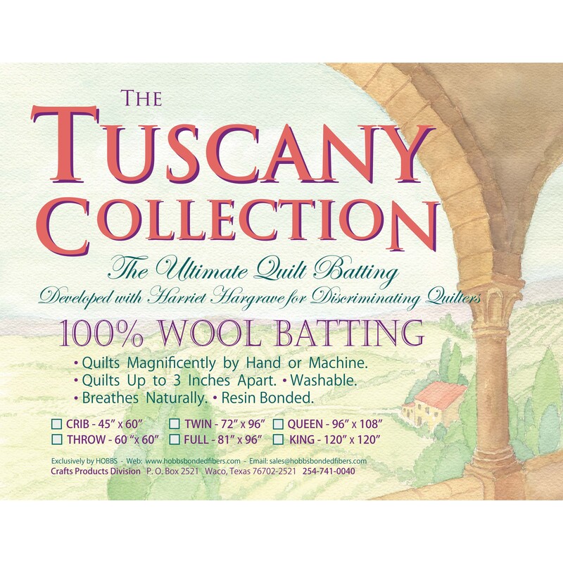 Label for The Tuscany Collection quilt batting, highlighting 100% wool and quilt sizes available.