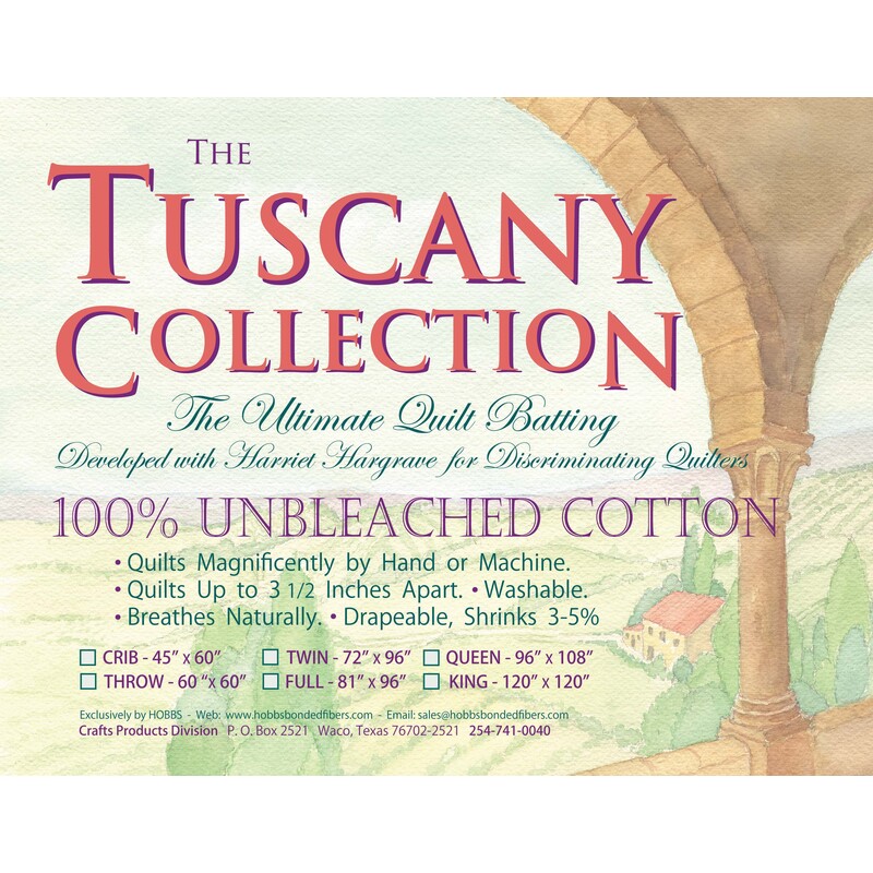 Image of the Tuscany Collection quilt batting packaging, featuring text about its materials and sizes.