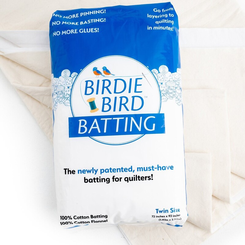 A package of Birdie Bird Batting, 100% cotton, labeled as a must-have for quilters.