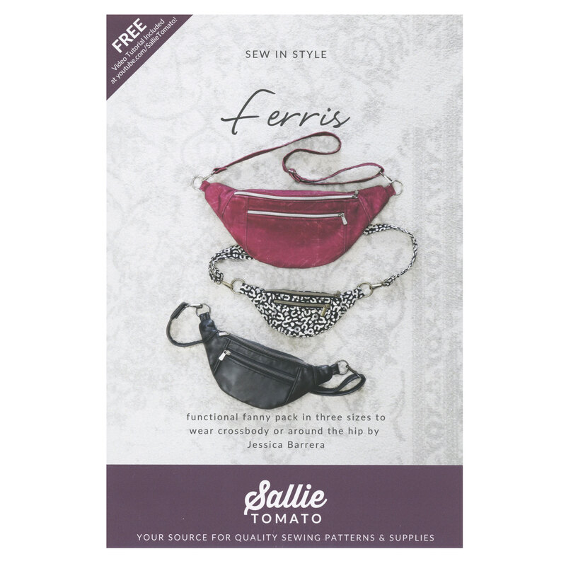 Front cover of pattern showing the completed fanny packs in three sizes, staged on a white marble countertop.