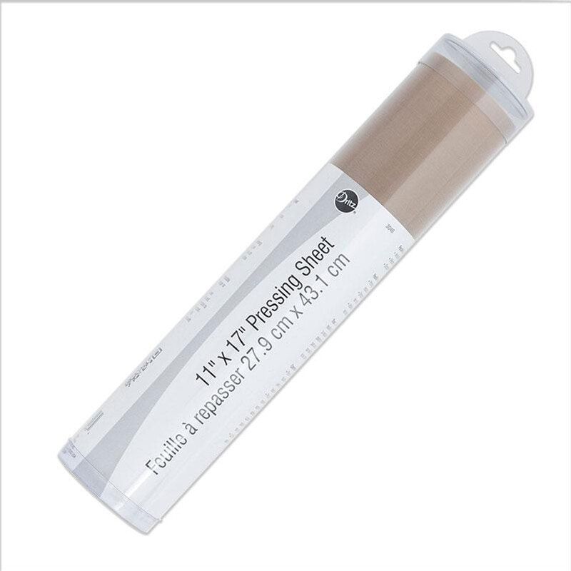 Clear packaging tube containing an 11 x 17 pressing sheet, labeled in English and Spanish.