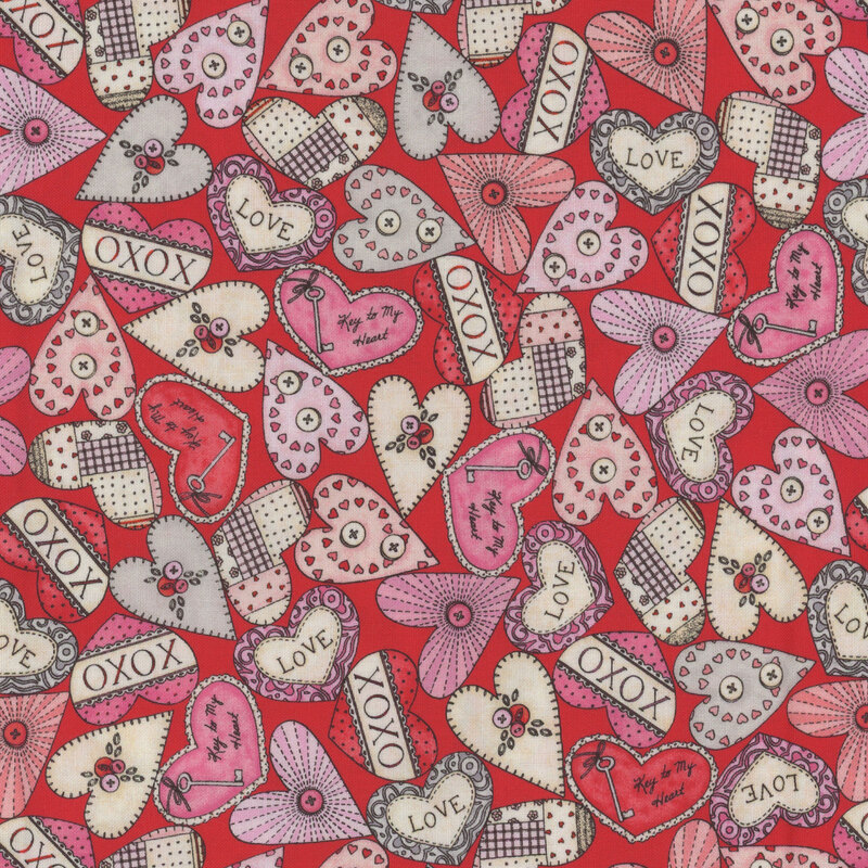 Red fabric with pink, white, and red hearts with fun sayings all over