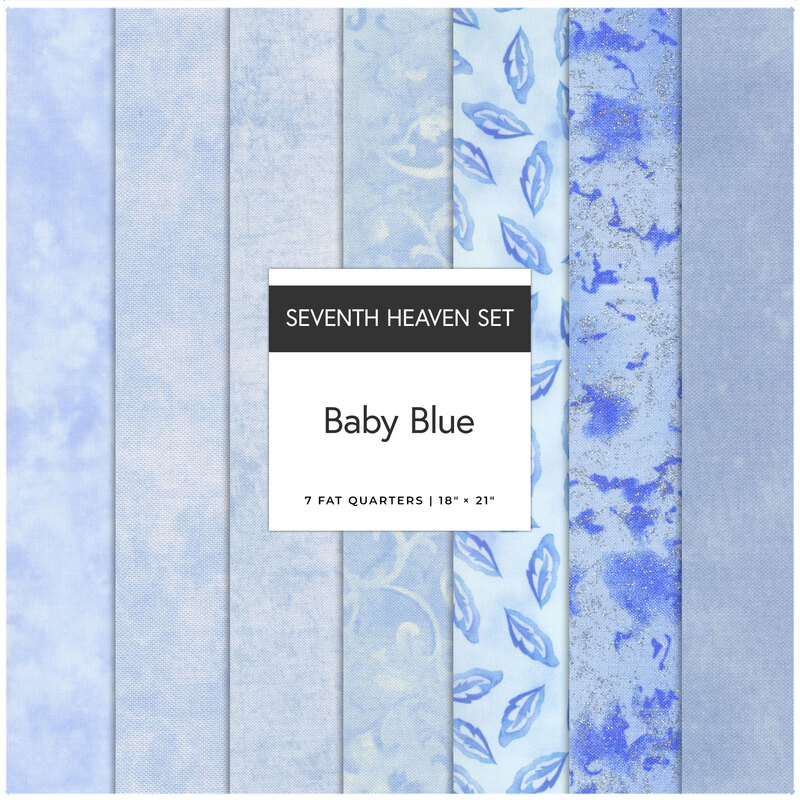 A collage of 7 light blue fat quarters.