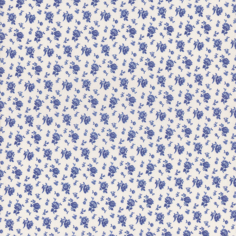 White fabric with a small, blue, floral pattern that is repeated throughout