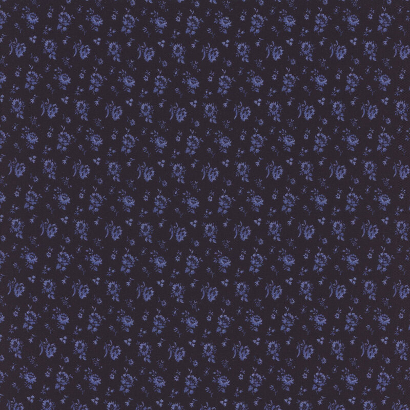 Dark navy blue fabric with small, repeated light blue florals throughout