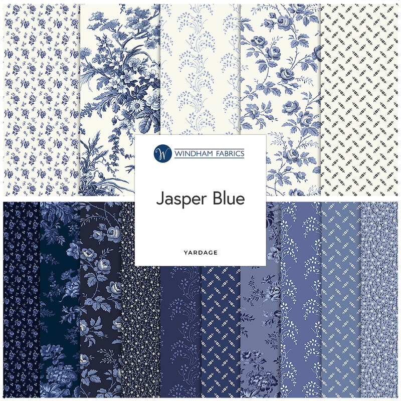 A collage of white and blue fabrics included in the Jasper Blue fabric collection