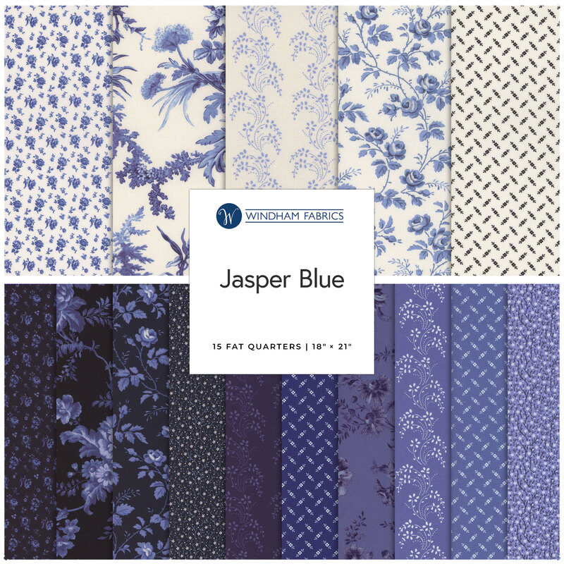 A collage of white and blue fabrics included in the Jasper Blue fabric collection