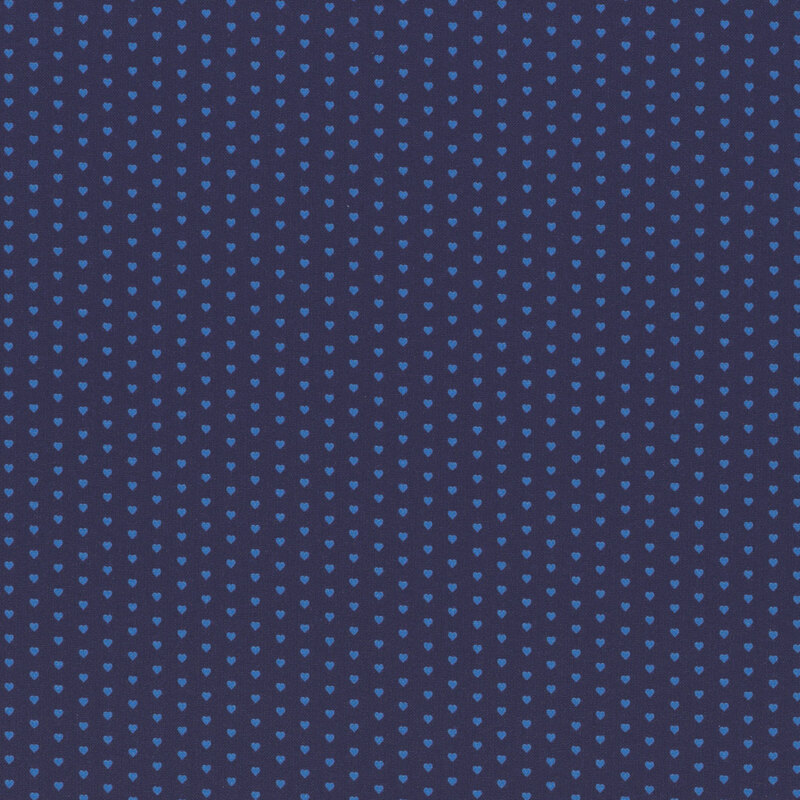 Dark blue fabric with a pattern of mini aqua hearts.