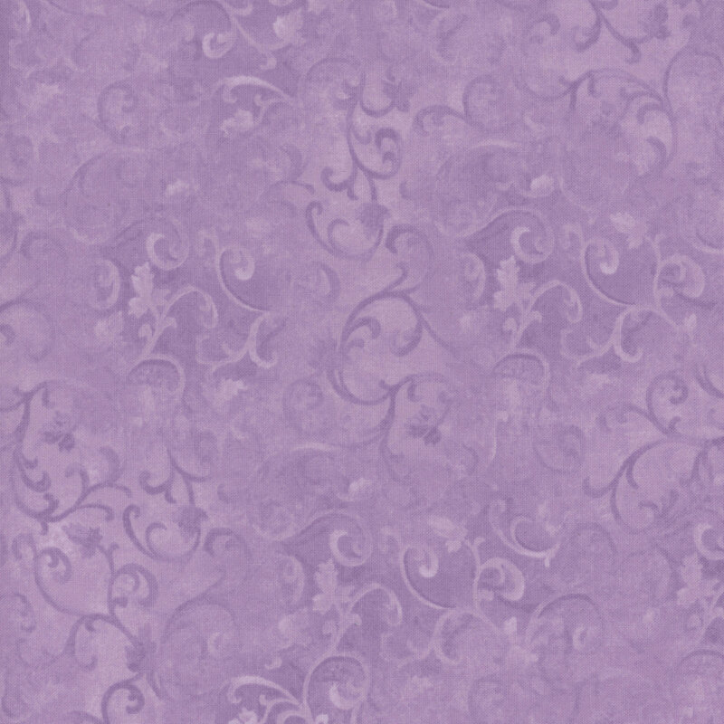 light purple mottled fabric with swirly vines