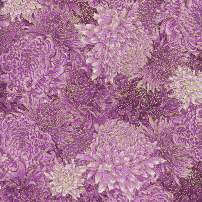 Fabric packed with large chrysanthemums in varying shades of purple