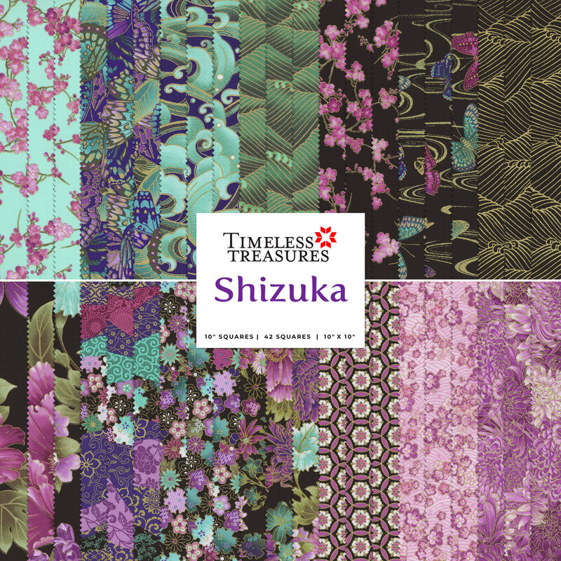 A collage of red, black, purple, and aqua fabrics included in the Shizuka 10