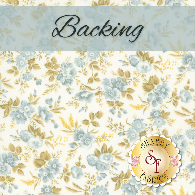 A swatch of white fabric with tossed clusters of powder blue flowers and yellow leaves and flourishes. A pale blue banner at the top reads 