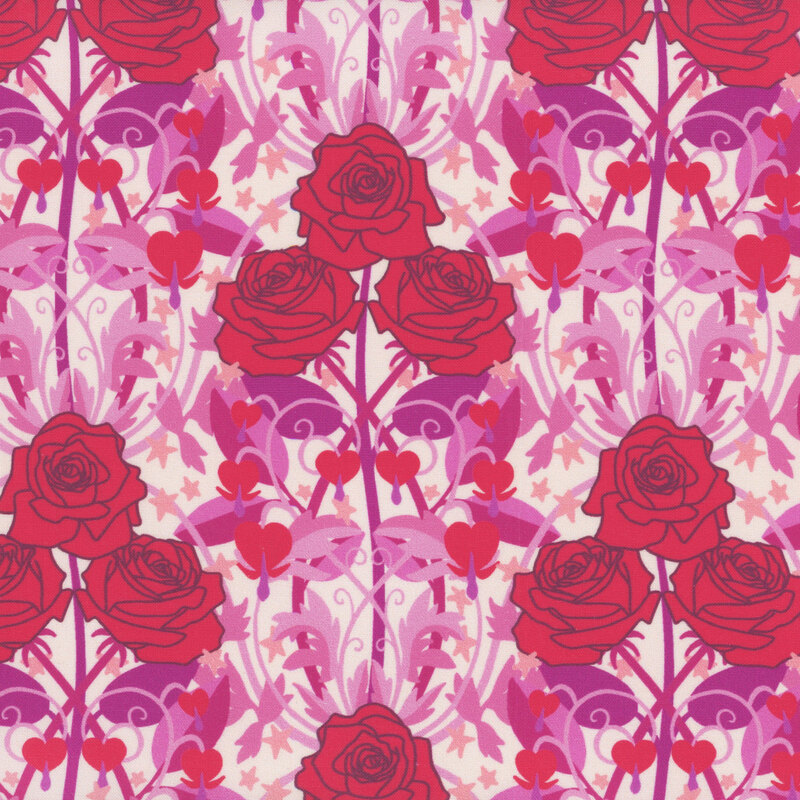 Fabric swatch featuring large red rose clusters and pink vines against a white background