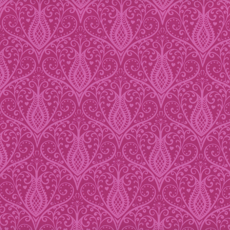 Tonal purple fabric with damask like repeating pink floral designs throughout