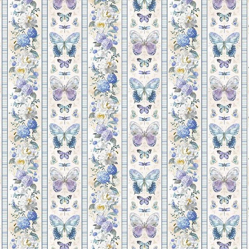 A floral wallpaper patterned fabric featuring vertical stripes with blue and purple butterflies, interspersed with small flowers in various colors.