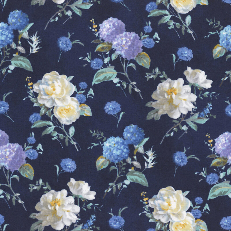 Dark navy blue mottled fabric with large photorealistic floral clusters throughout.