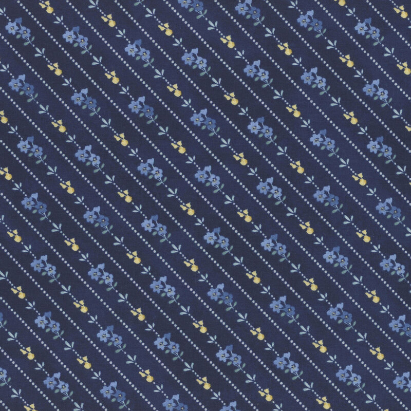 Navy blue fabric with diagonal pin dot and floral stripes.