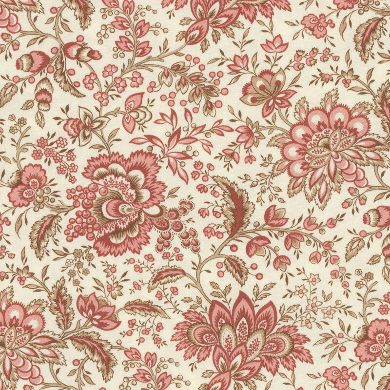 Cream fabric featuring jacobean florals in soft pink and tan