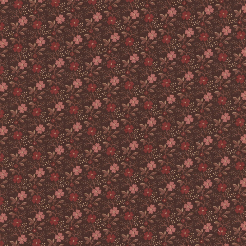 Chocolate brown fabric featuring a pattern of light pink and red florals