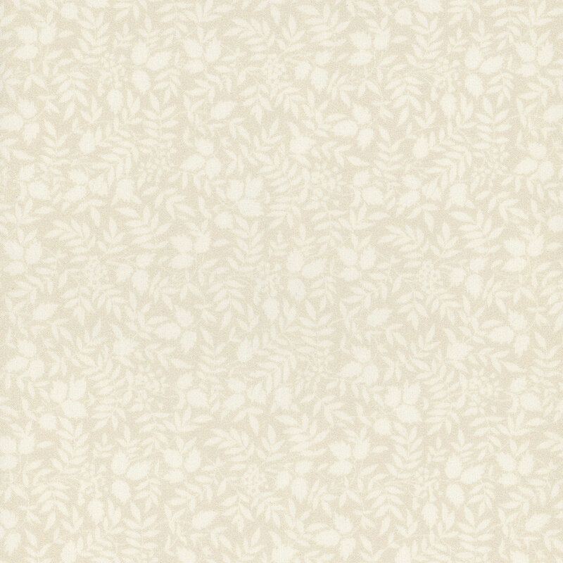 Pale background featuring a subtle pattern of leaves and floral silhouettes.