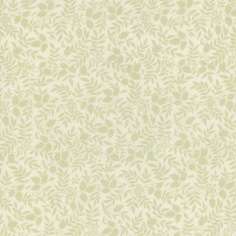 white fabric pattern featuring various small leaf shapes on a cream background.