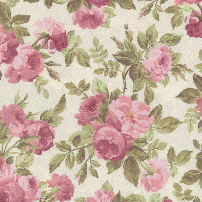 Floral pattern featuring pink roses and green leaves on a light background.