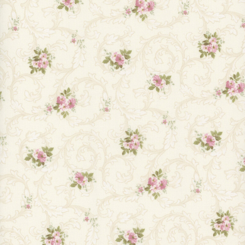 Cream fabric with swirling vine pattern and floral overlay