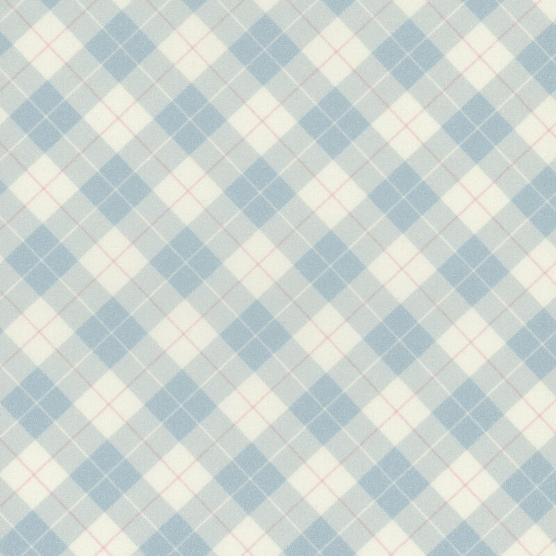 Off white fabric with pastel blue plaid pattern featuring thinner red and white stripes