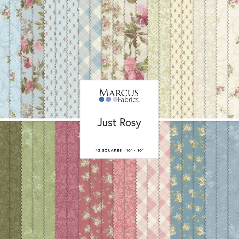 A fabric swatch collection titled Just Rosy featuring floral and geometric patterns in soft colors.