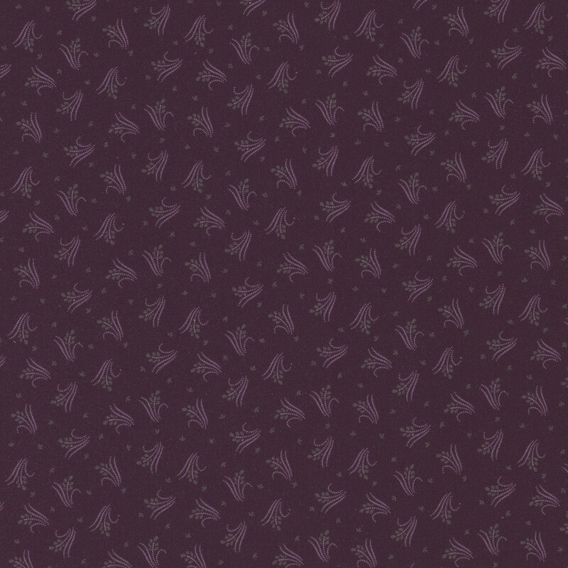 purple fabric featuring ditsy patterned handfuls of grass with a lavender flower